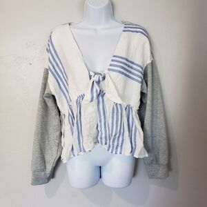 Ontwelfth Large Blue White Striped Tie Front Grey Sweater Long Sleeve V-neck